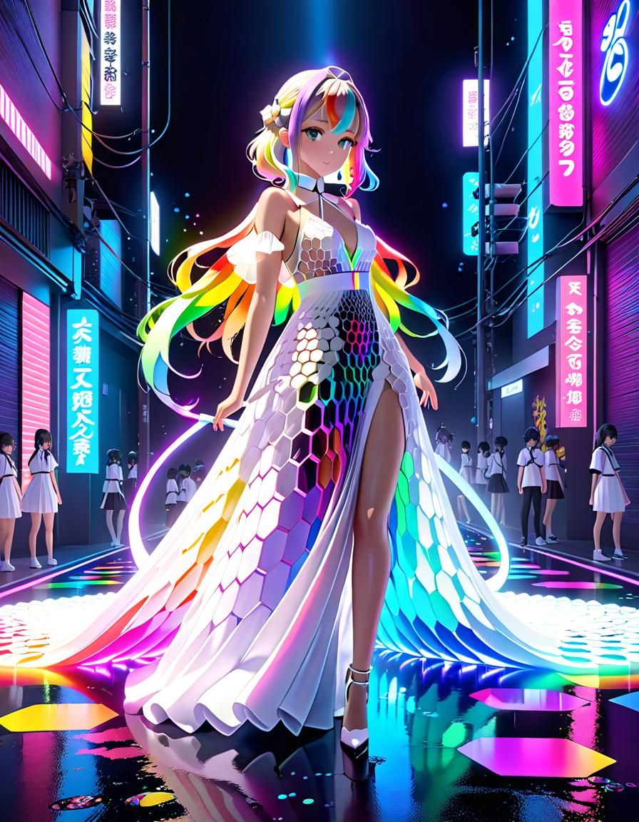 Neon Rainbow Anime Figure in Flowing Dress