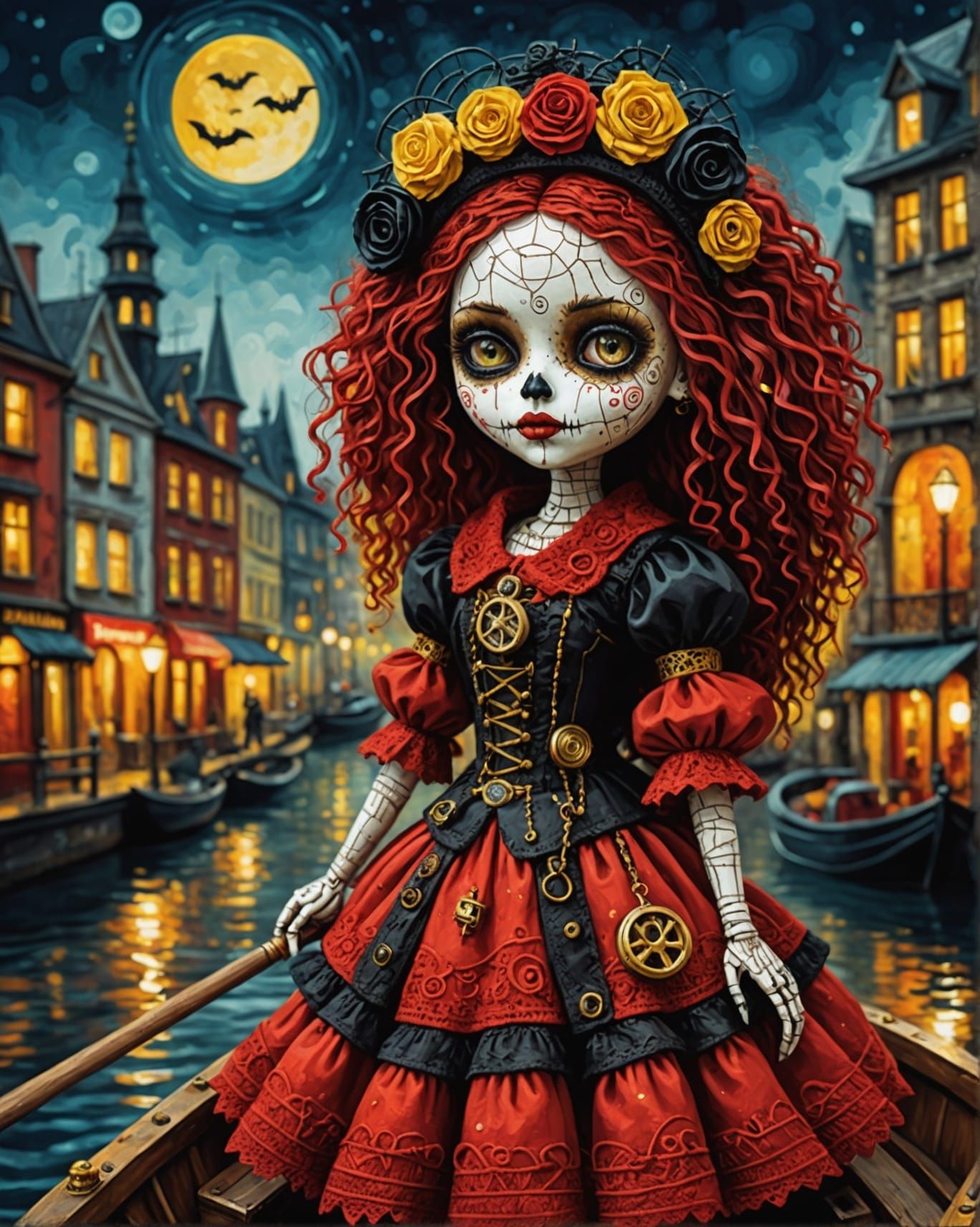 Steampunk Voodoo Doll Drives Boat as Oil Painting