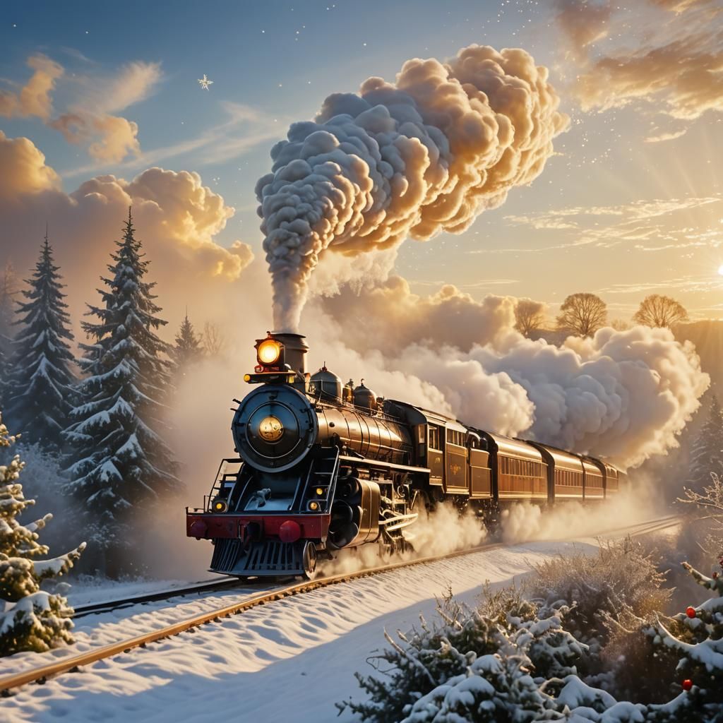 Flying Christmas Locomotive in Dreamlike Impressionism