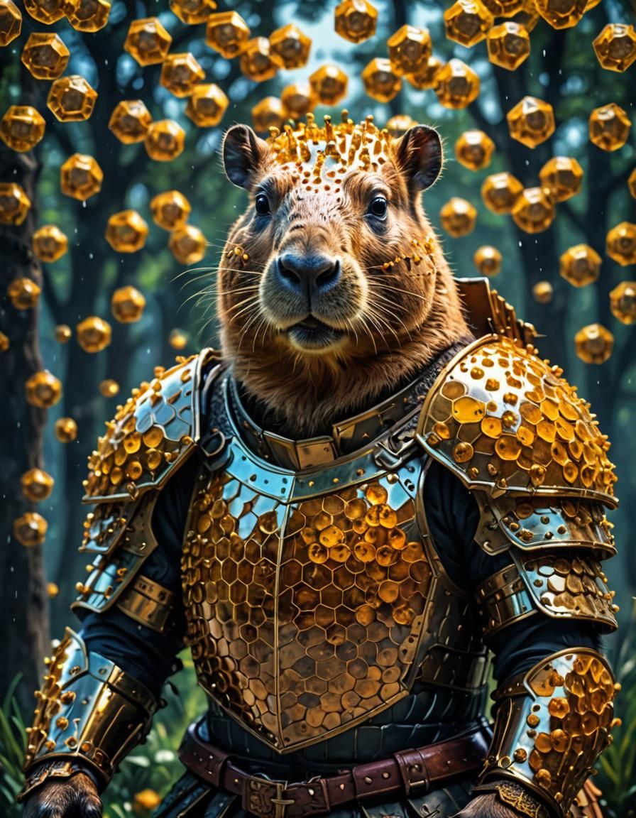 capybara knight composed with honeycells, honeycells design armor,