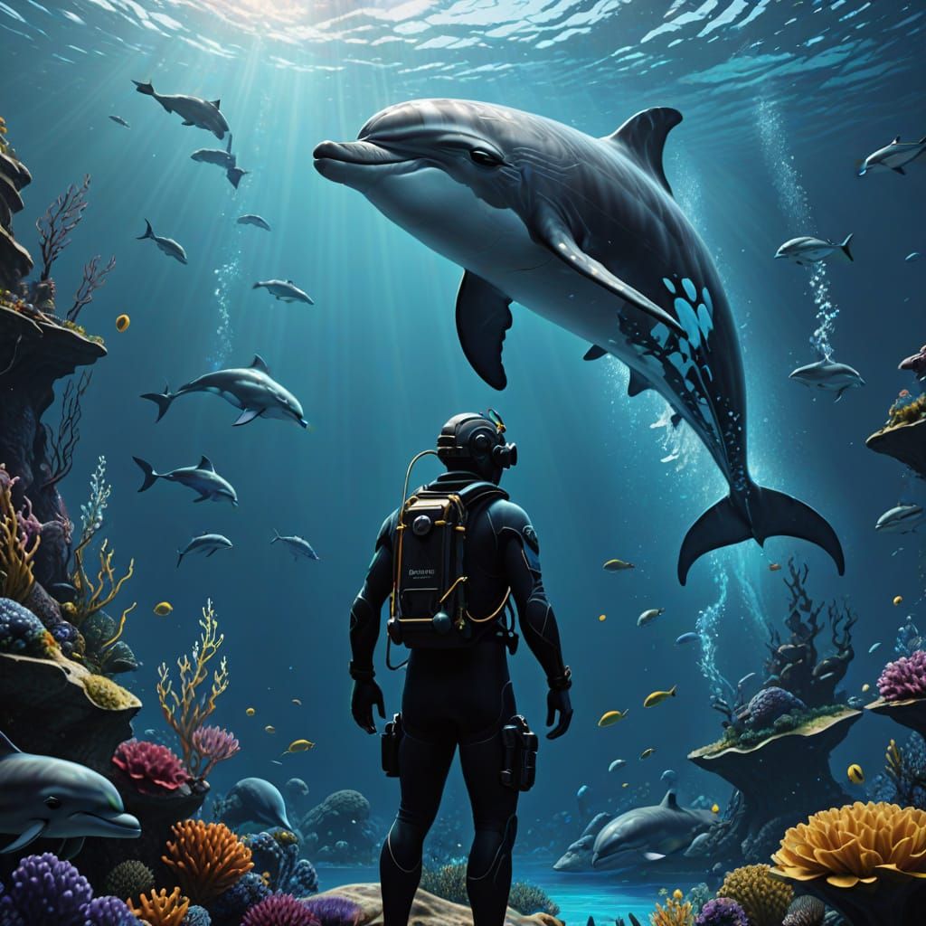 Diver's Peaceful Encounter with Dolphin in Fantasy Concept A...