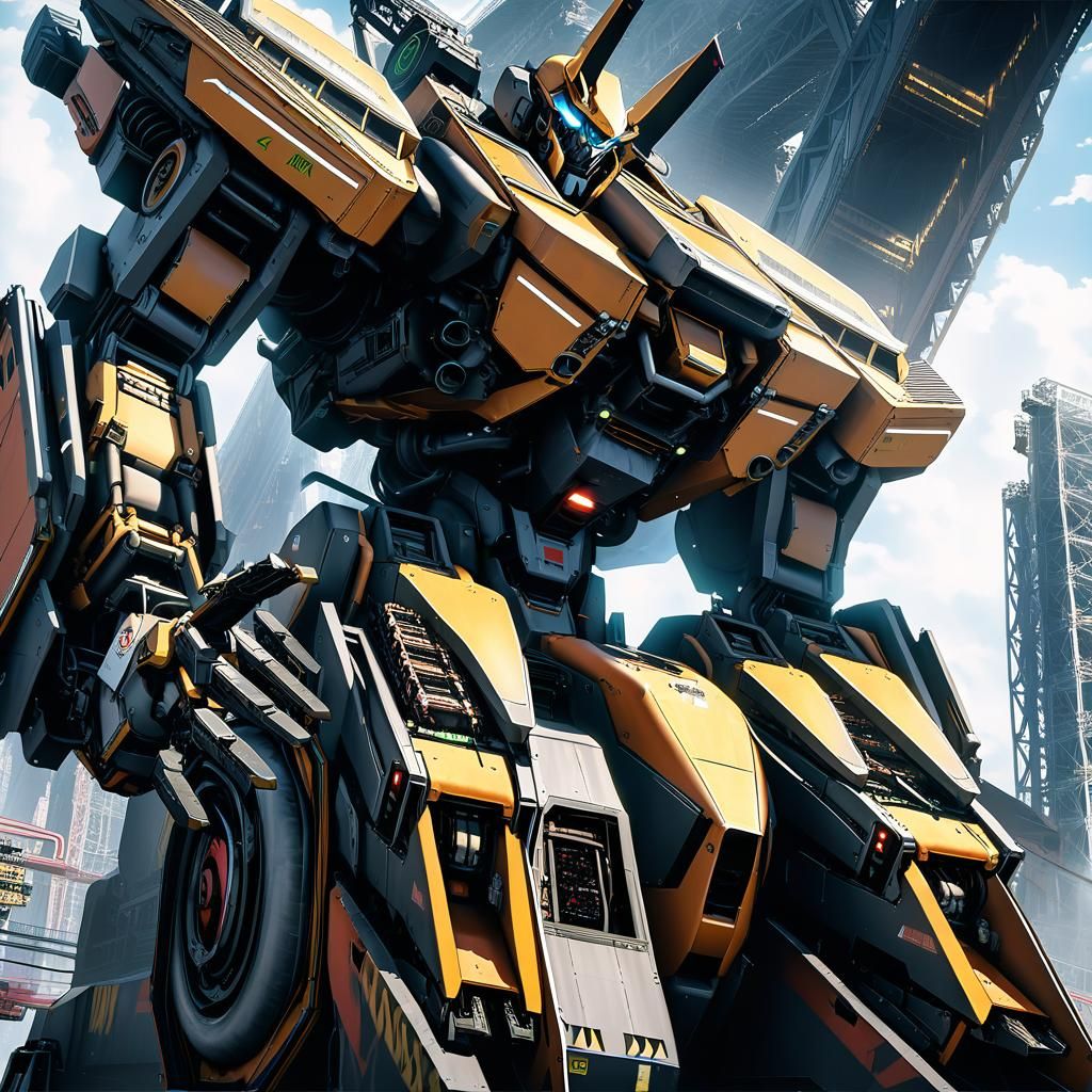 Mechanized Warrior Maintenance Bay in Anime Comic Style