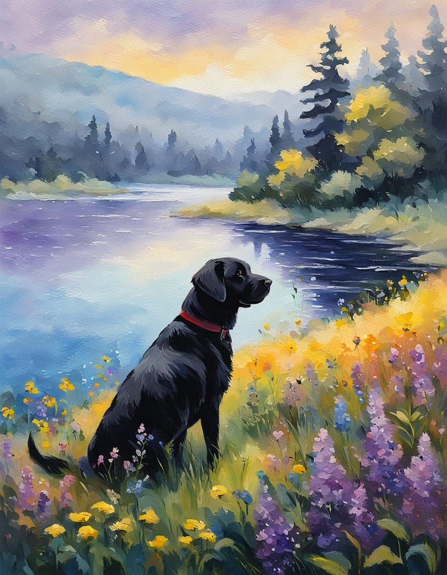 Labrador Puppy and Owner by Lake as Acrylic Painting