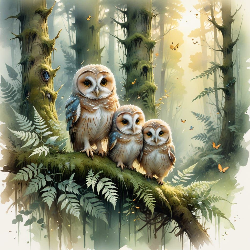 Owlets in Forest Glade: Watercolour Painting