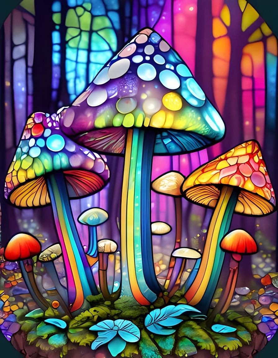 Stained Glass Rainbow Mushrooms in Forest Scene