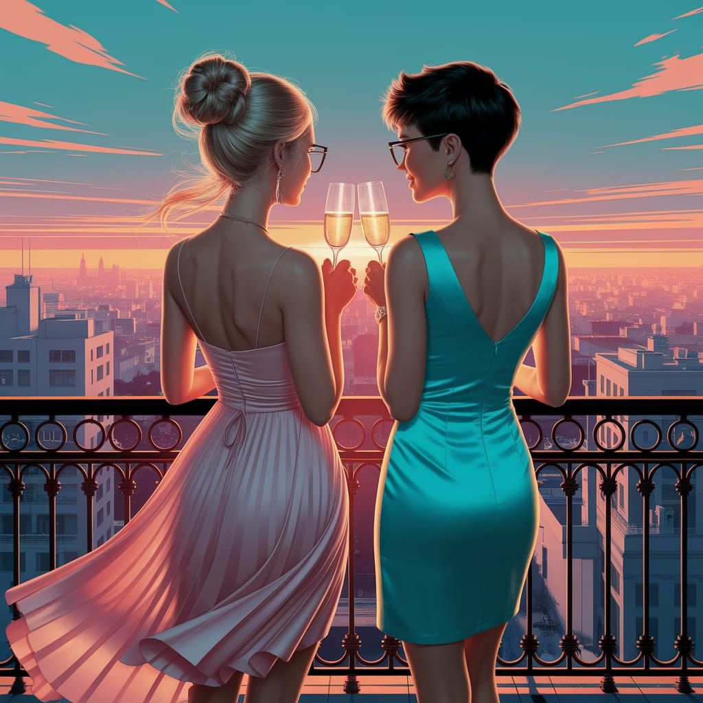 Rooftop Sunset: Two Women Sharing Champagne