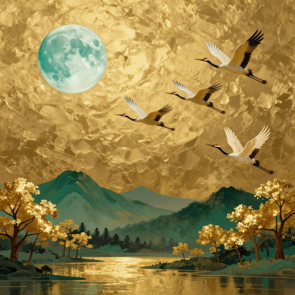 Golden Sky With Teal Moon And Crane Lake
