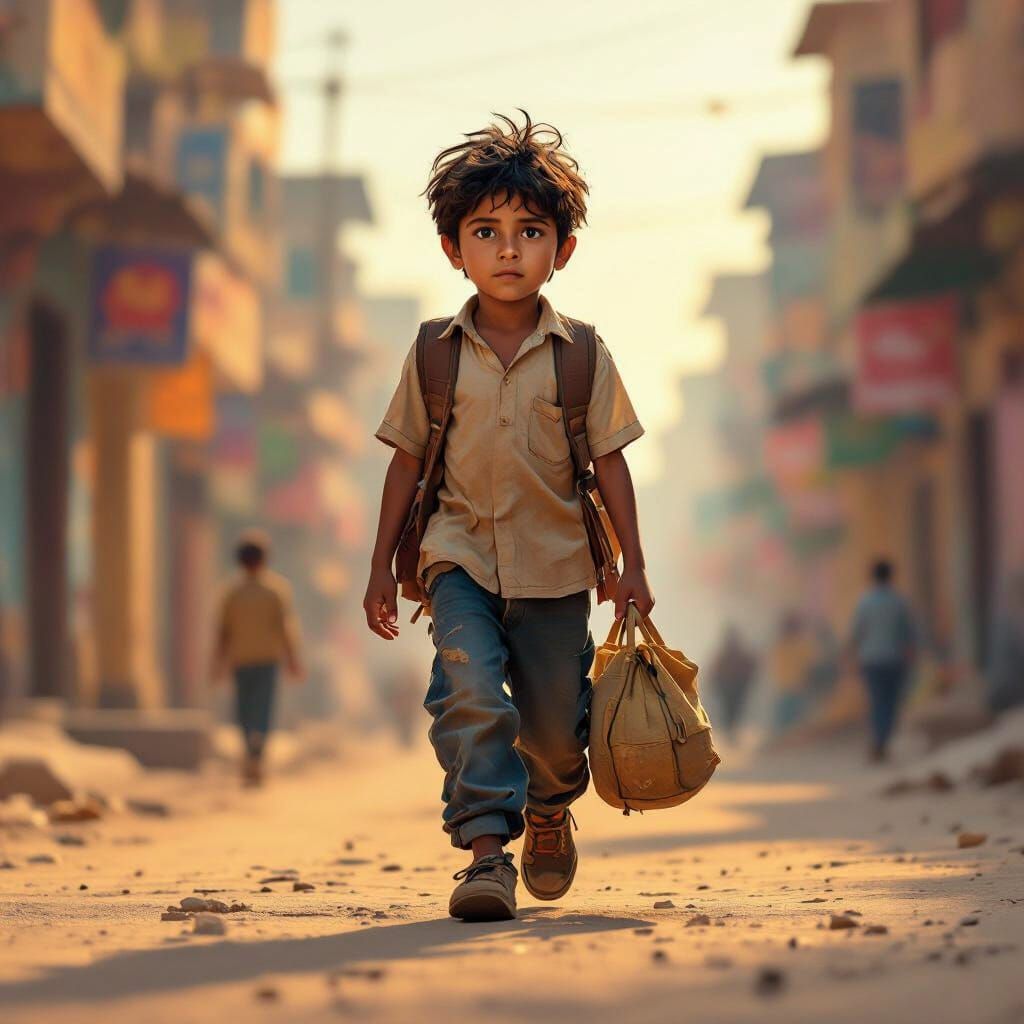 Hopeful Boy Walks to School in Colorful Cityscape