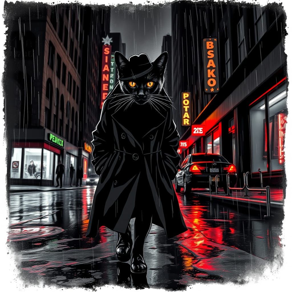 A black cat, dressed in a stylish trench coat #02