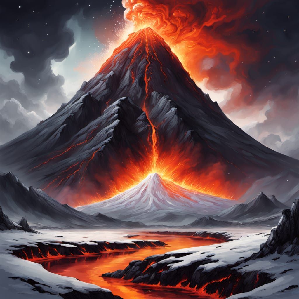 Volcano Erupting with Snowfall: Fire and Ice Fantasy