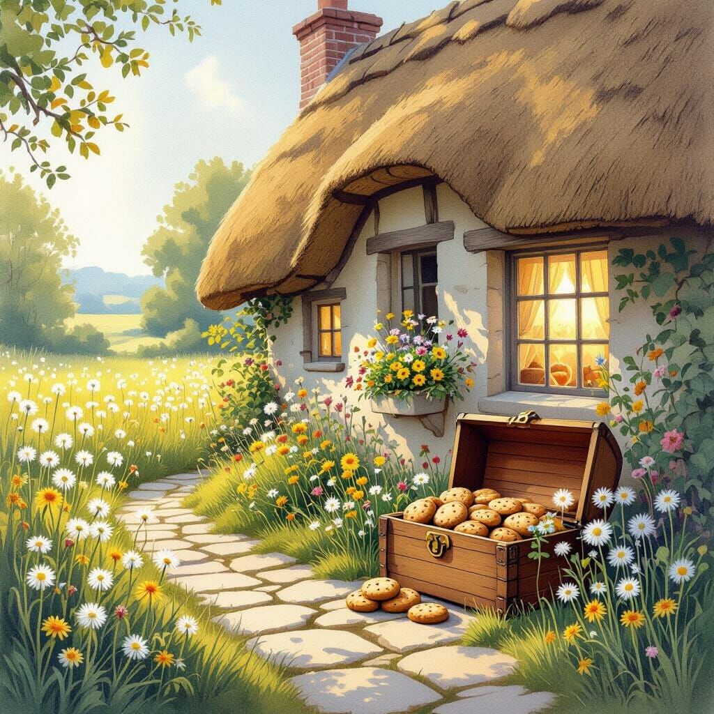 Cozy Cottage Treasure Chest in Watercolor Style