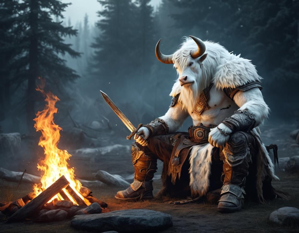 Mystical Yeti and Warrior by Campfire