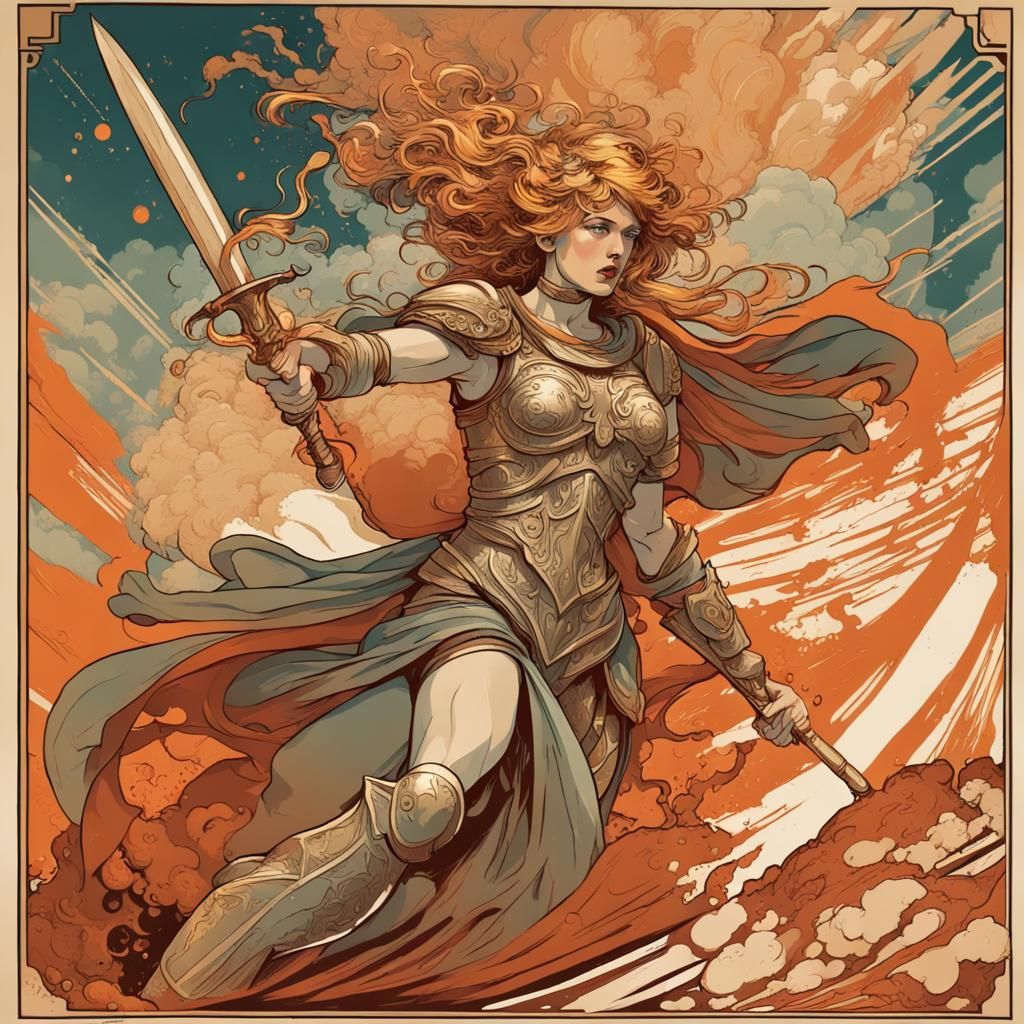 Female Warrior Charges into Battle in Art Nouveau Style