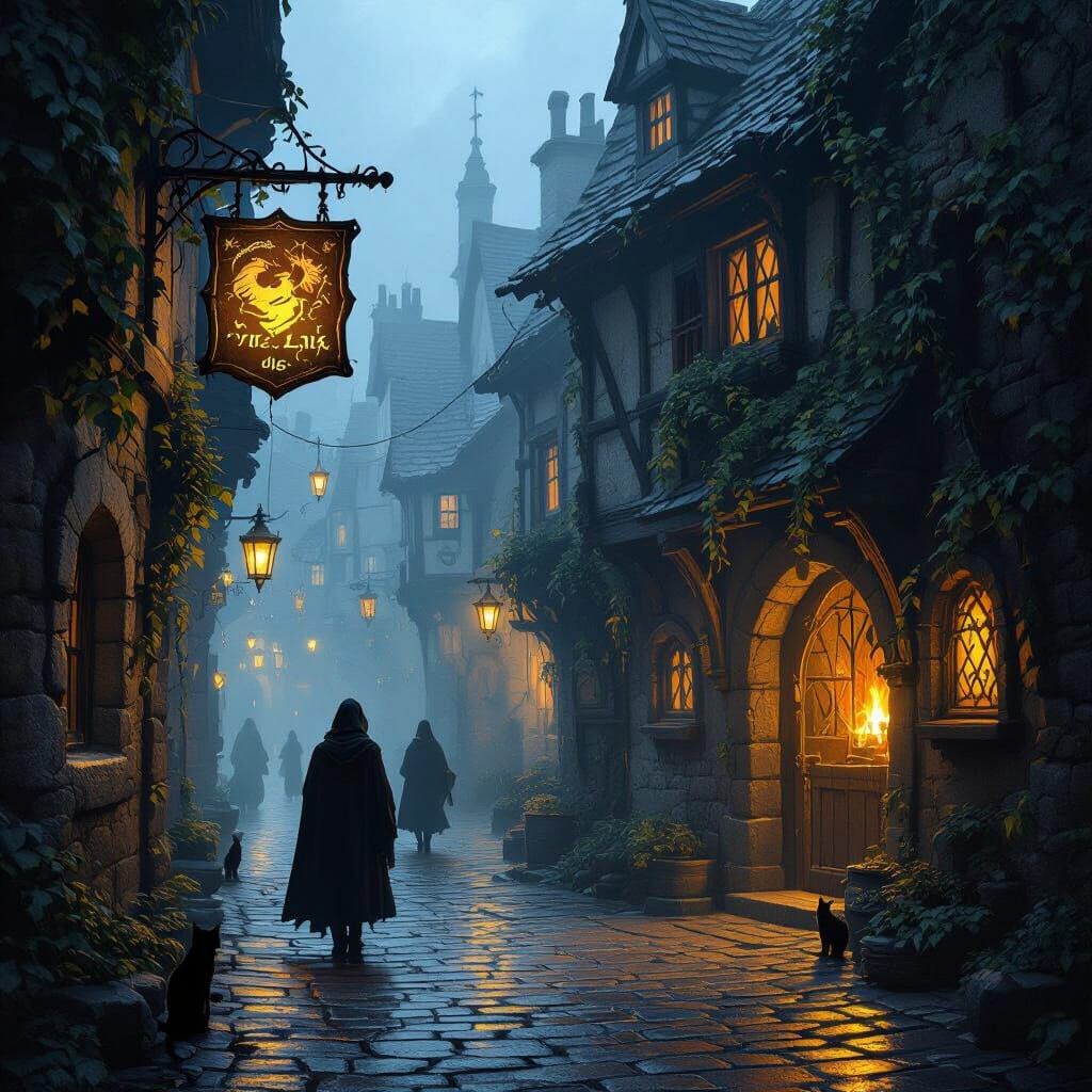 Misty Medieval Alley at Twilight with Lanterns and Dragon Si...