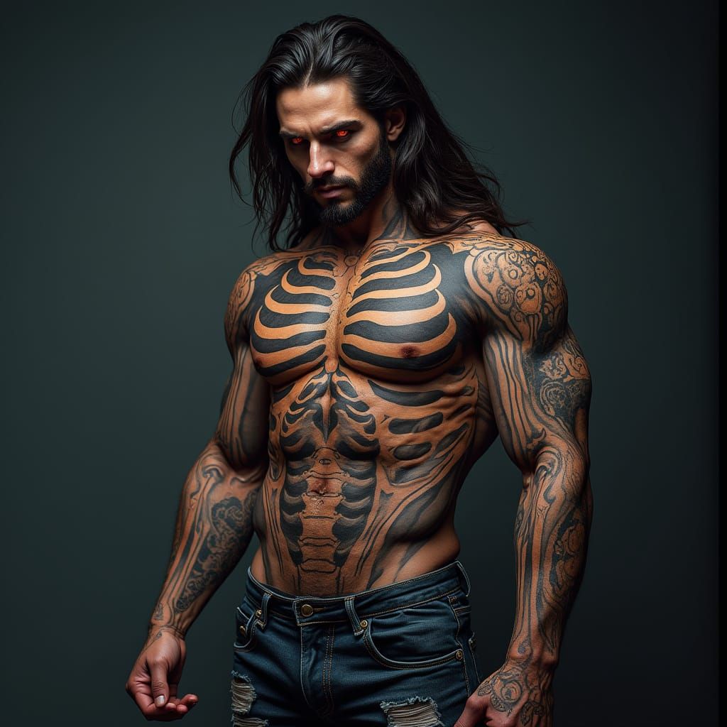 Cyberpunk-Inspired Tattooed Warrior with 3D Skeleton Art