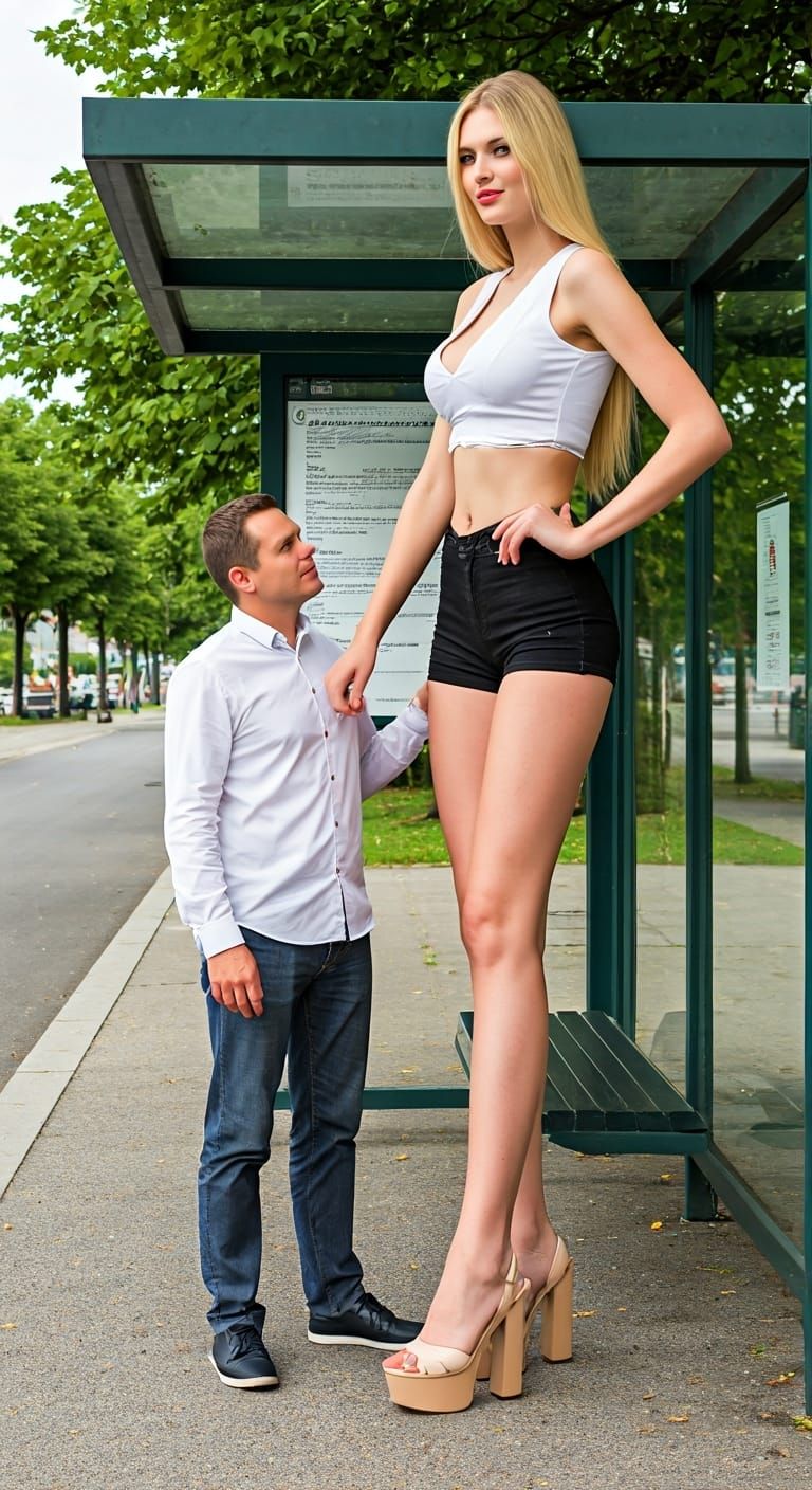 Giantess at a Bus Stop: Hyper-Tall Woman