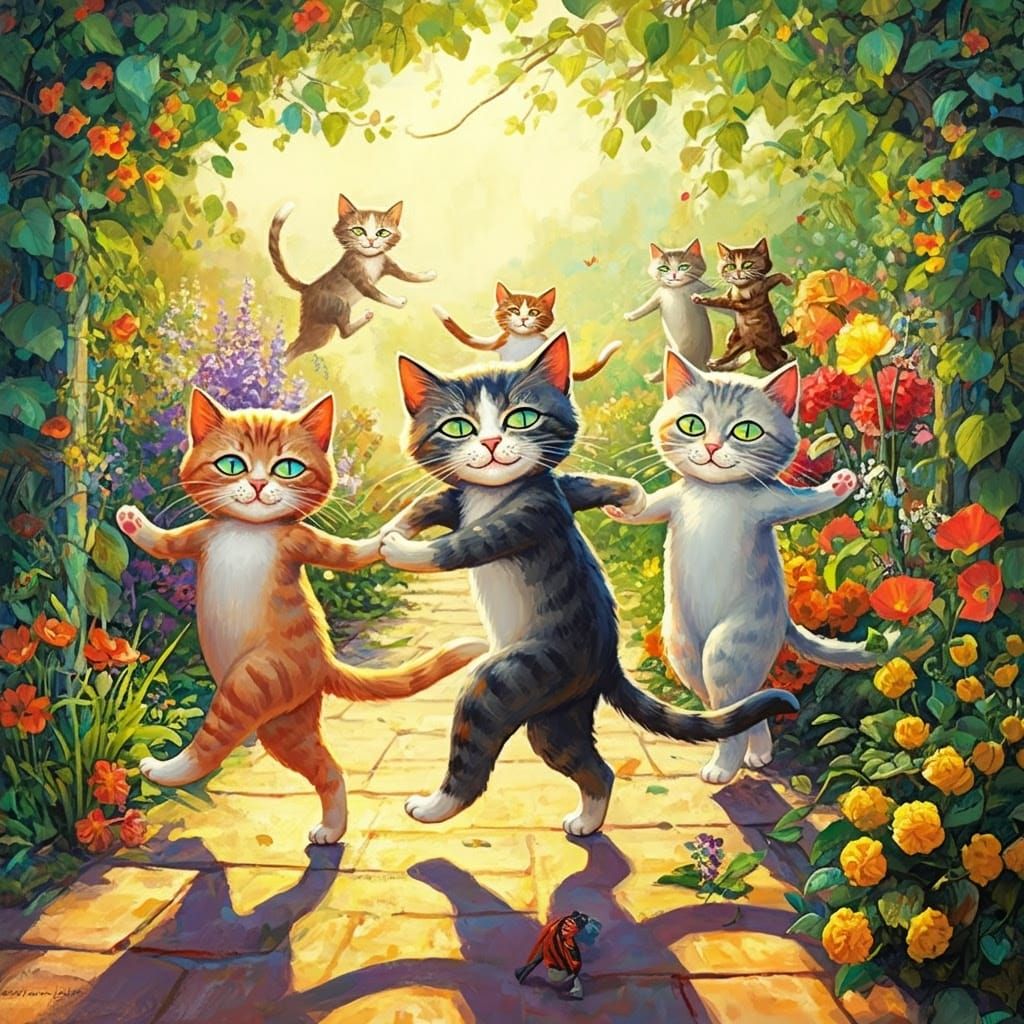 Vibrant Whimsical Cats Dance in a Colorful Conga Line
