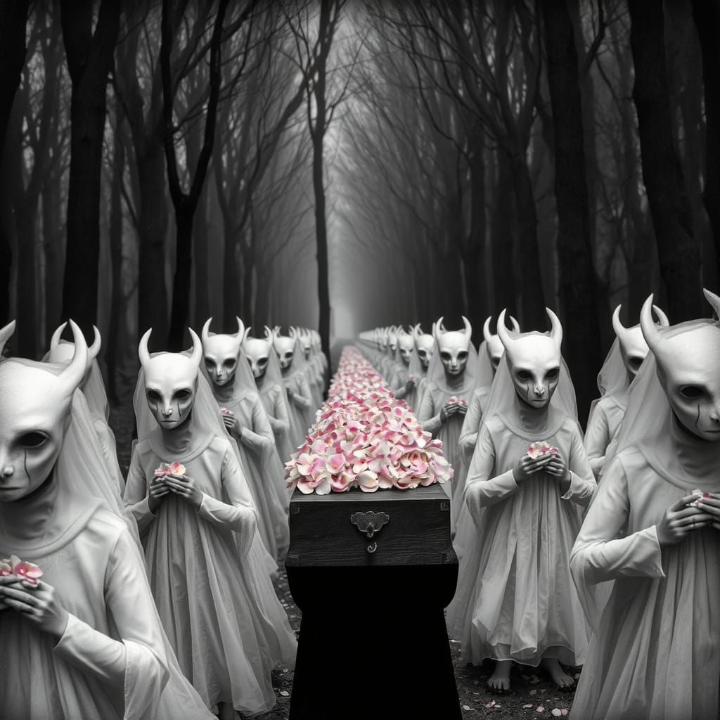 Grayscale Forest Funeral Procession with Spectral Figures