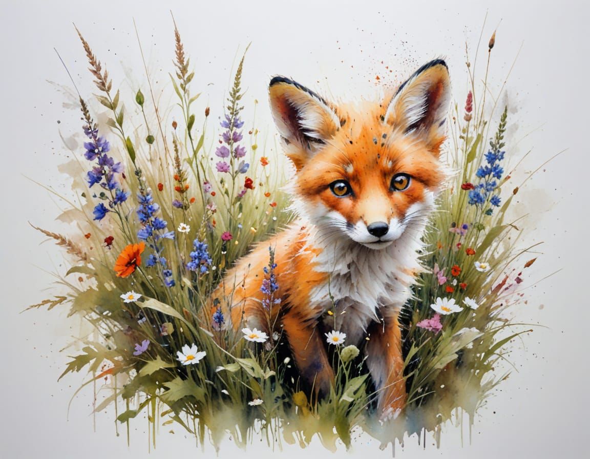 Fox Cub Peeking Through Wildflowers in Vibrant Garden