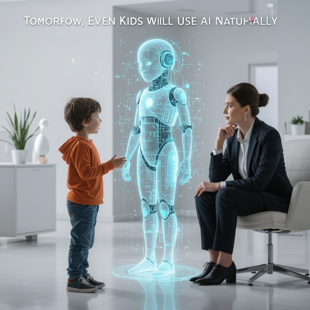 Child Converses with AI Hologram in Futuristic Digital Art