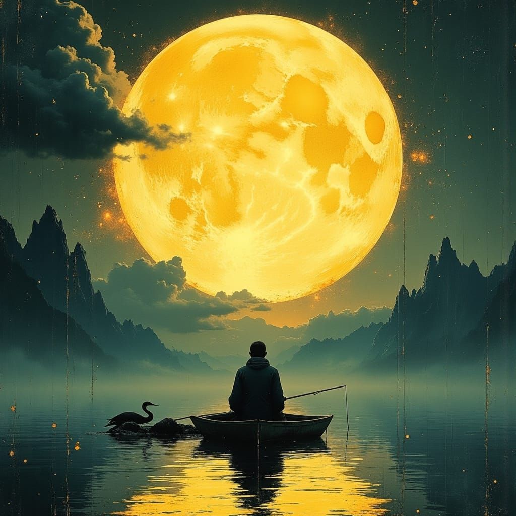 Japanese Fisherman with Cormorant Under Full Moon