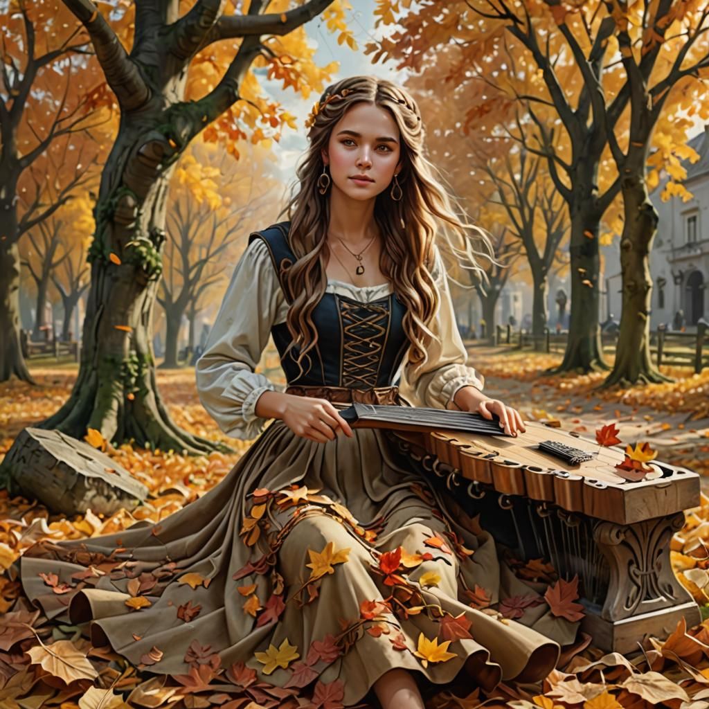 Happy Woman Plays Lyre in Autumn Landscape