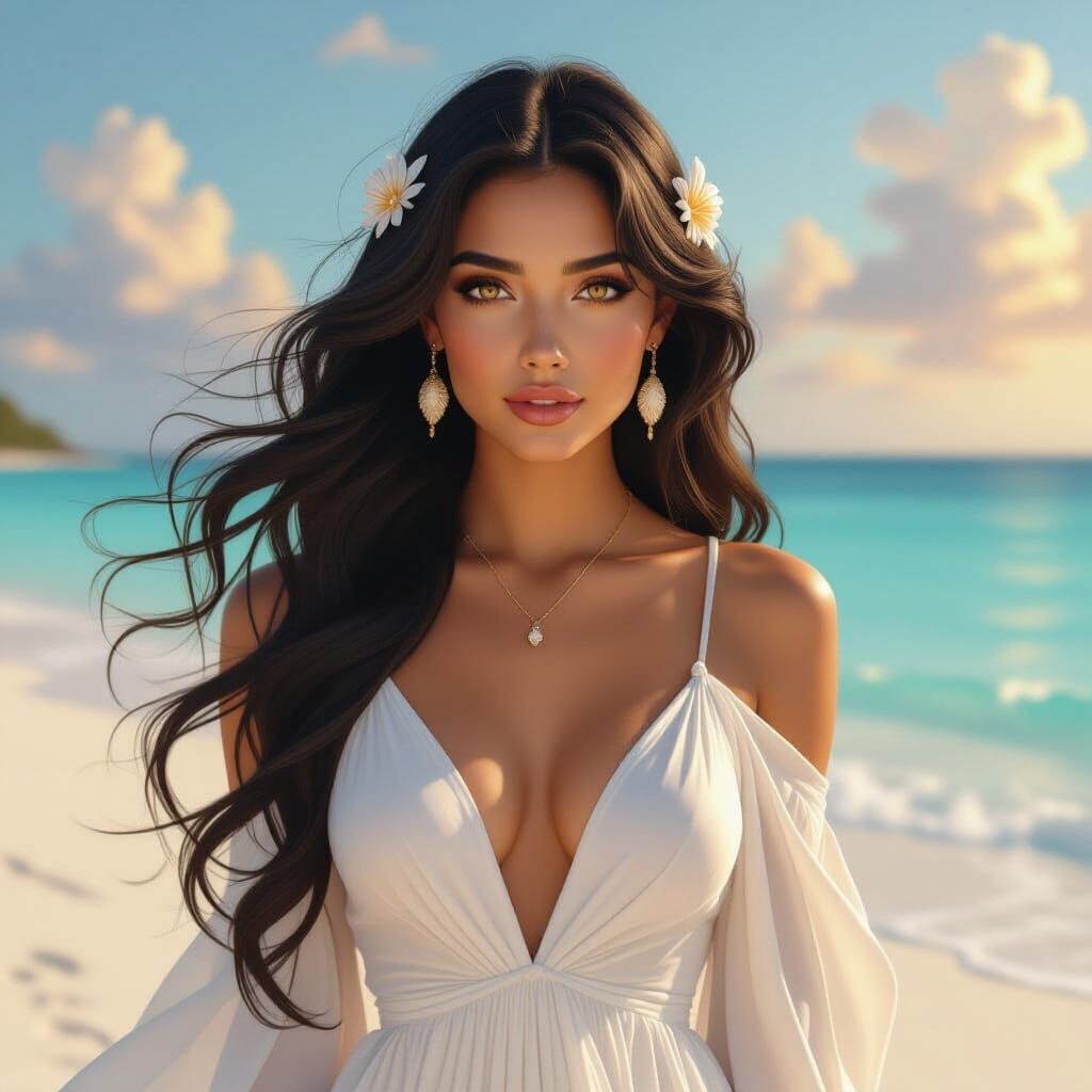 Seashell Adorned Woman on Tropical Beach