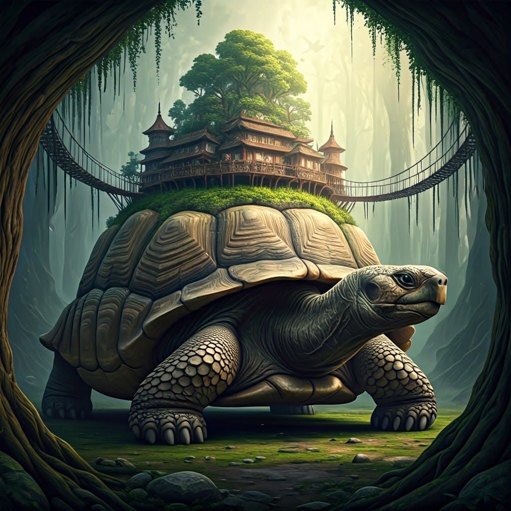 Fantasy City on Ancient Tortoise Shell in Lush Forest Landsc...