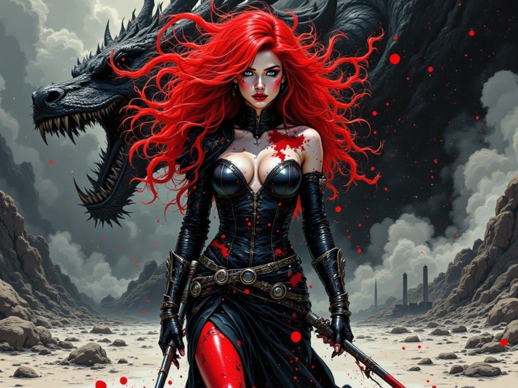 Dark Fantasy Warrior Confronts Dragon in Turbulent Battle