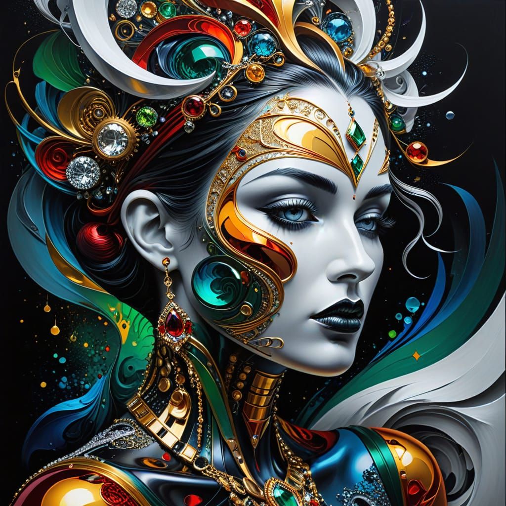 Psychedelic Abstract Fantasy Oil Painting with Jewelry