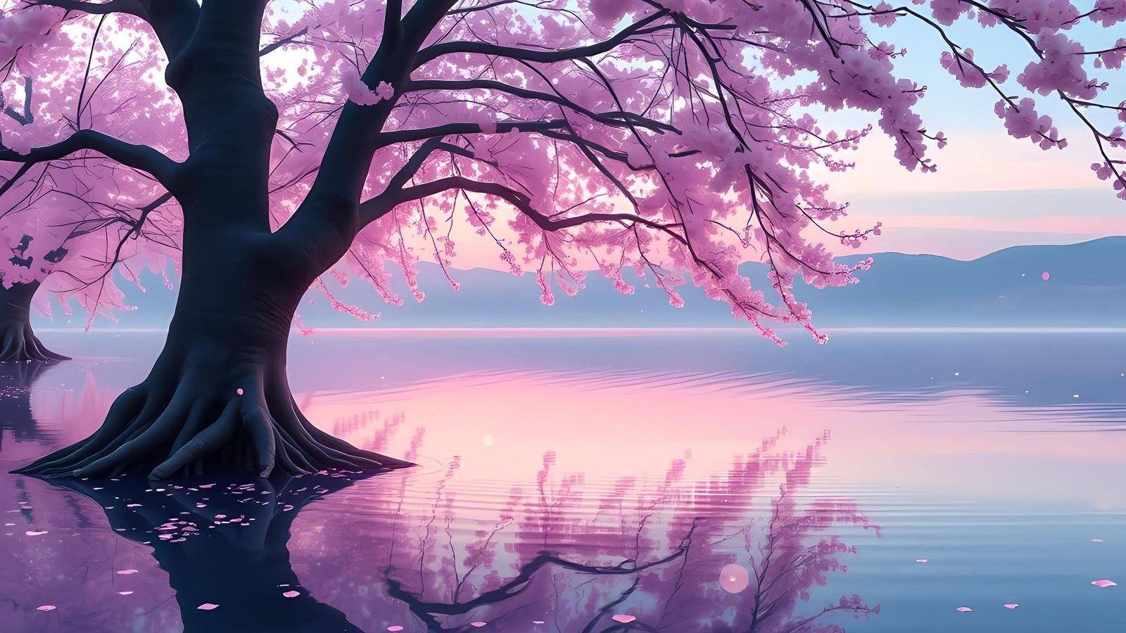 Floating Cherry Blossom Trees in Dreamlike Landscape