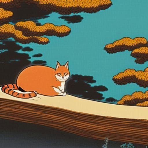 Japanese Cat Sunbathing: Vintage Anime Art