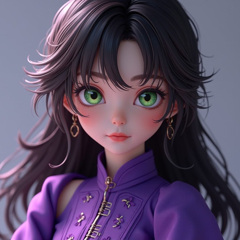 Young Girl in Vibrant Purple Attire with Dark Brown Hair and...