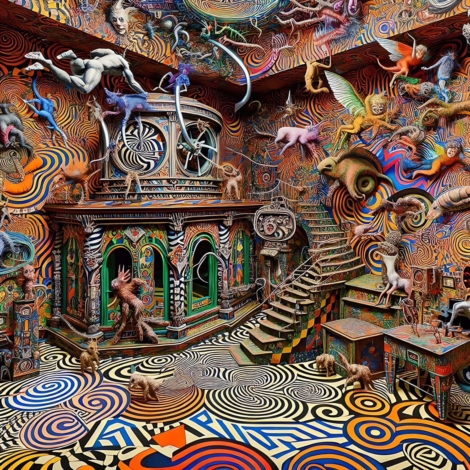 Crazy Time Funhouse: Dada and Op Art Fusion