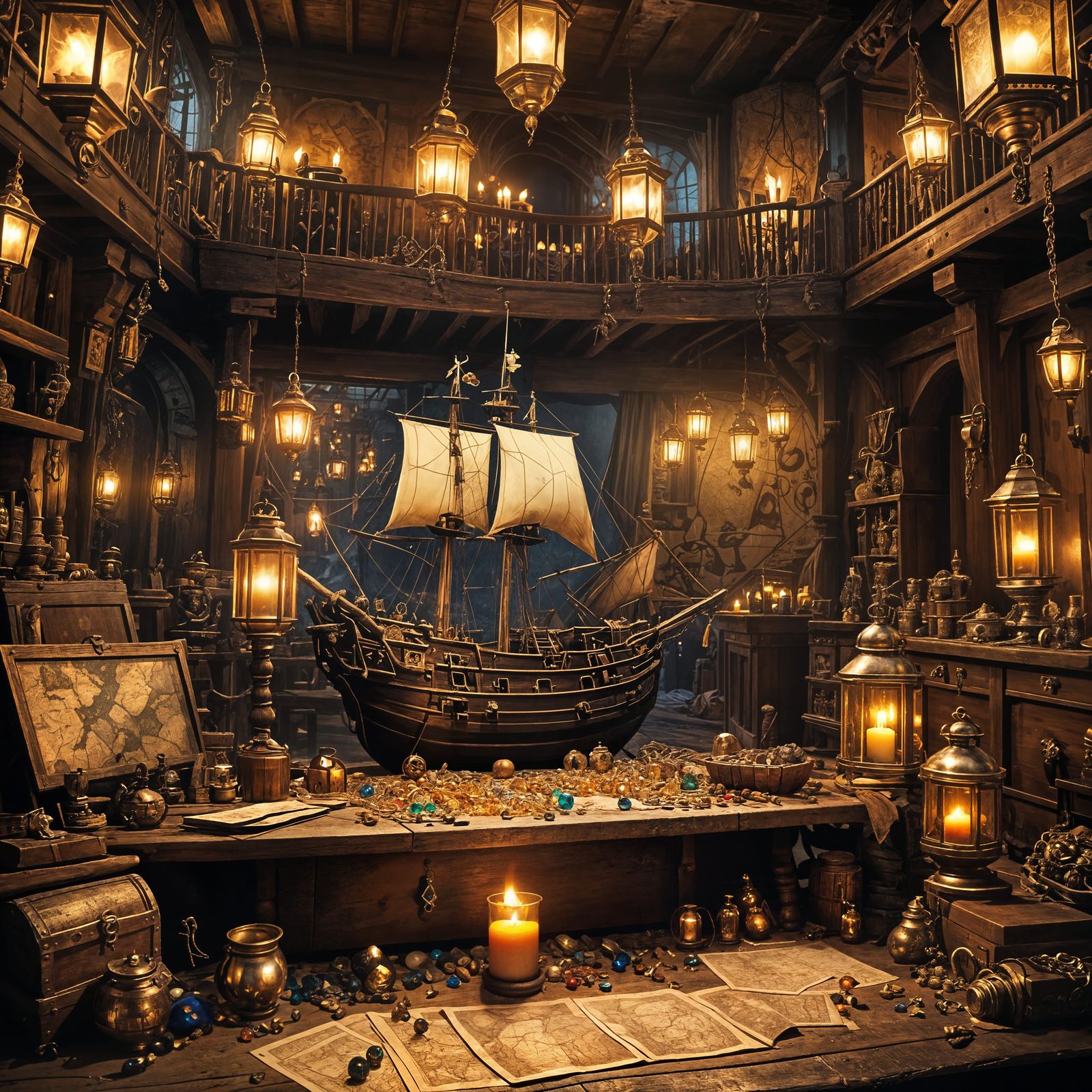 Pirate Ship Interior with Treasure and Lanterns