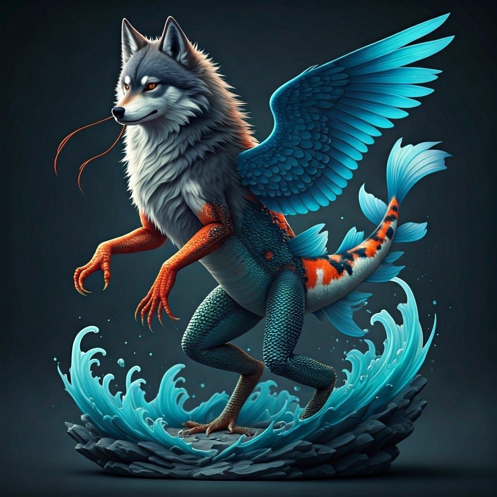 Wolf Chimera with Crab Claws and Blue-Jay Wings