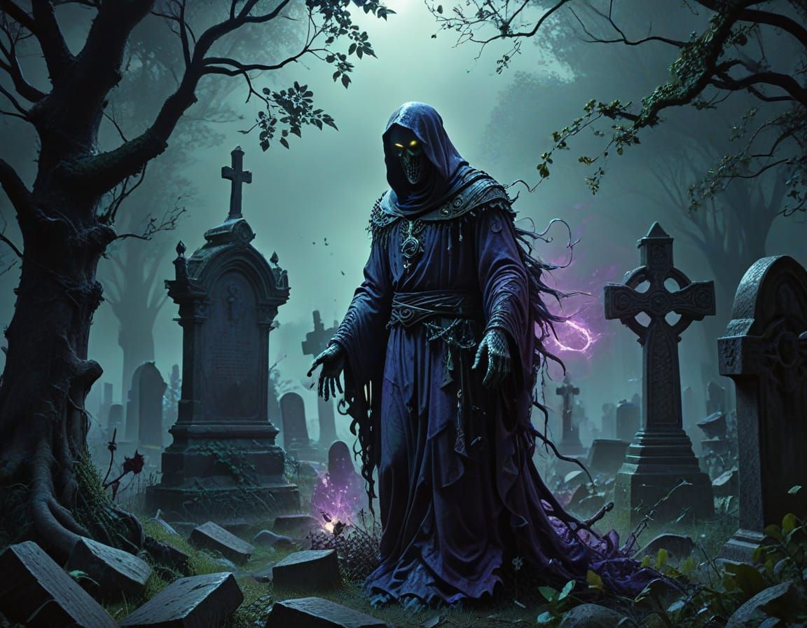 Ghostly Figure in Gothic Cemetery Splash Art