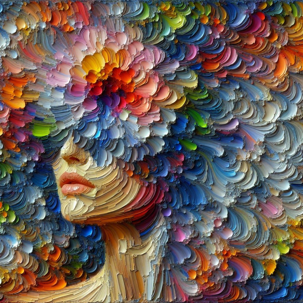 Neo-Impressionistic Woman with Flower Head as Impasto Painti...