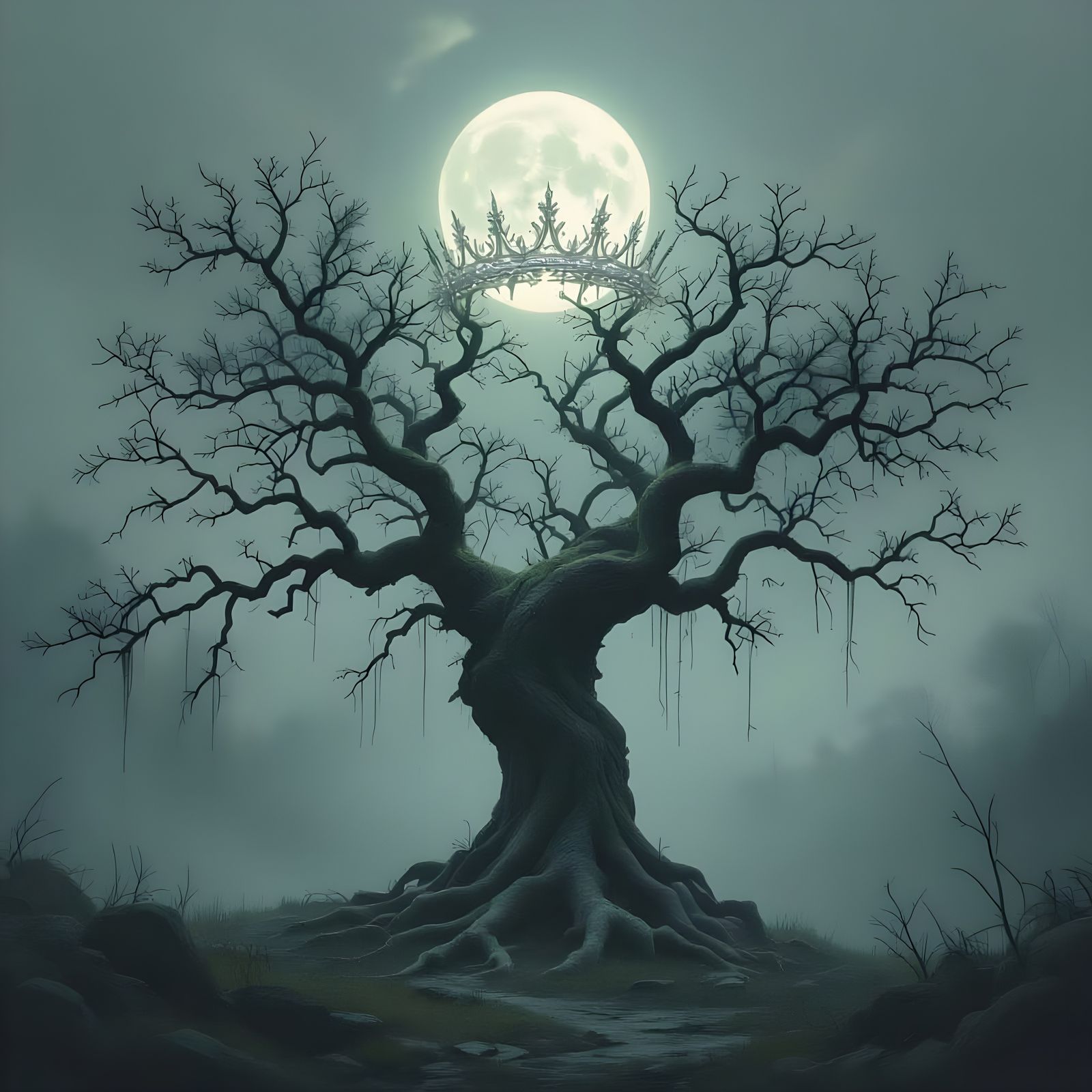 Ancient Tree Crowned in Moonlight Mist