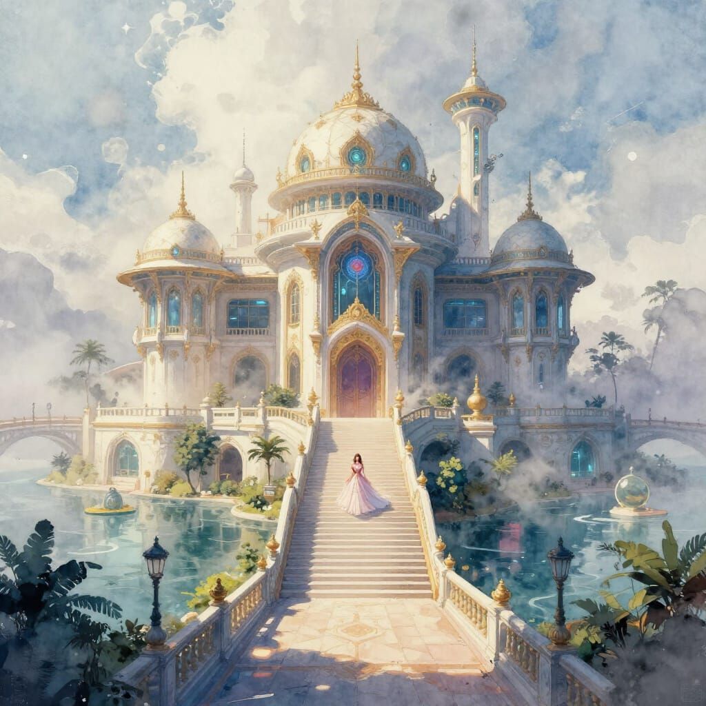 Cyberpunk Mansion Watercolor Landscape with Princess