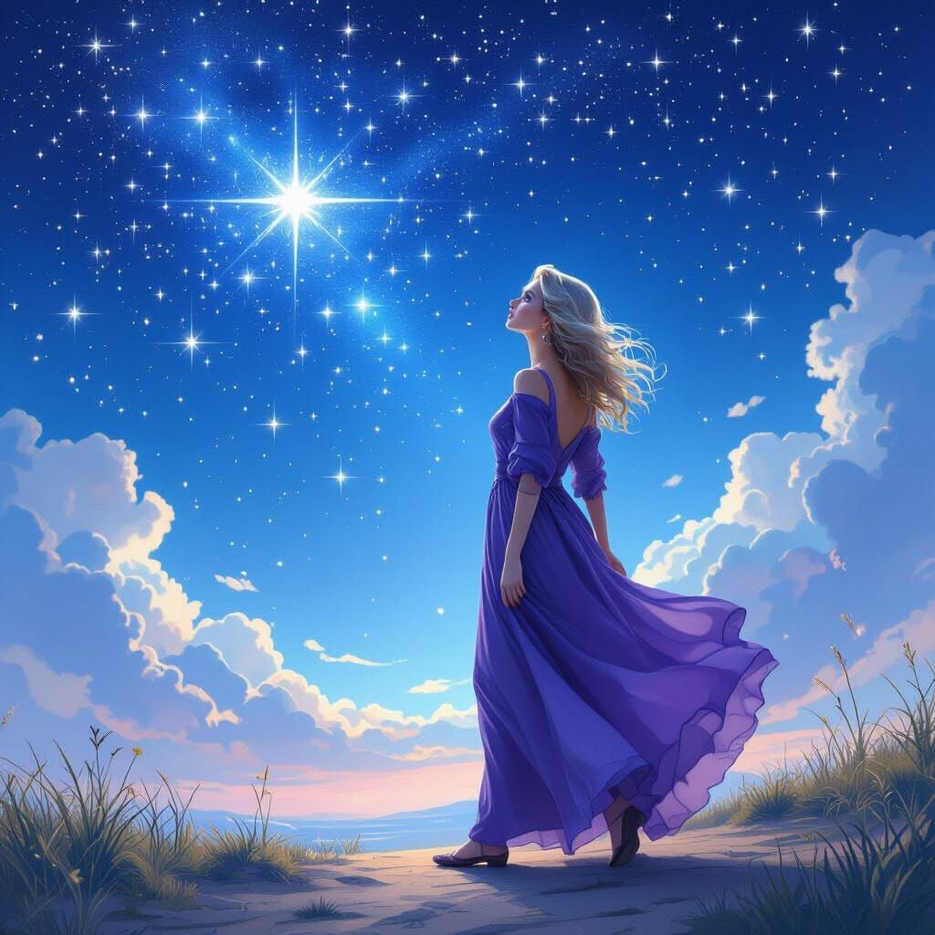 Woman Gazes at Starry Sky in Purple Dress