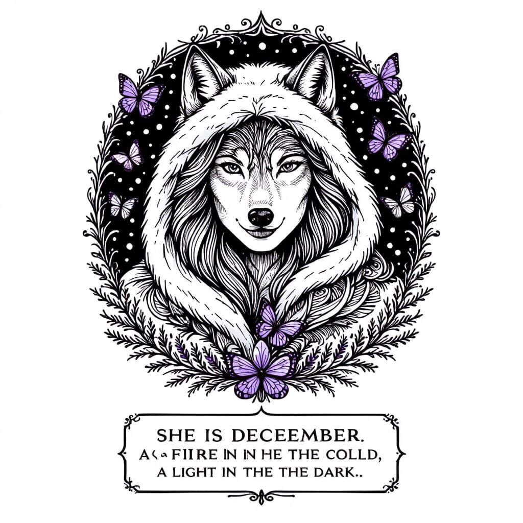 Zentangle Woman Wolf Winter Artwork in Black and White