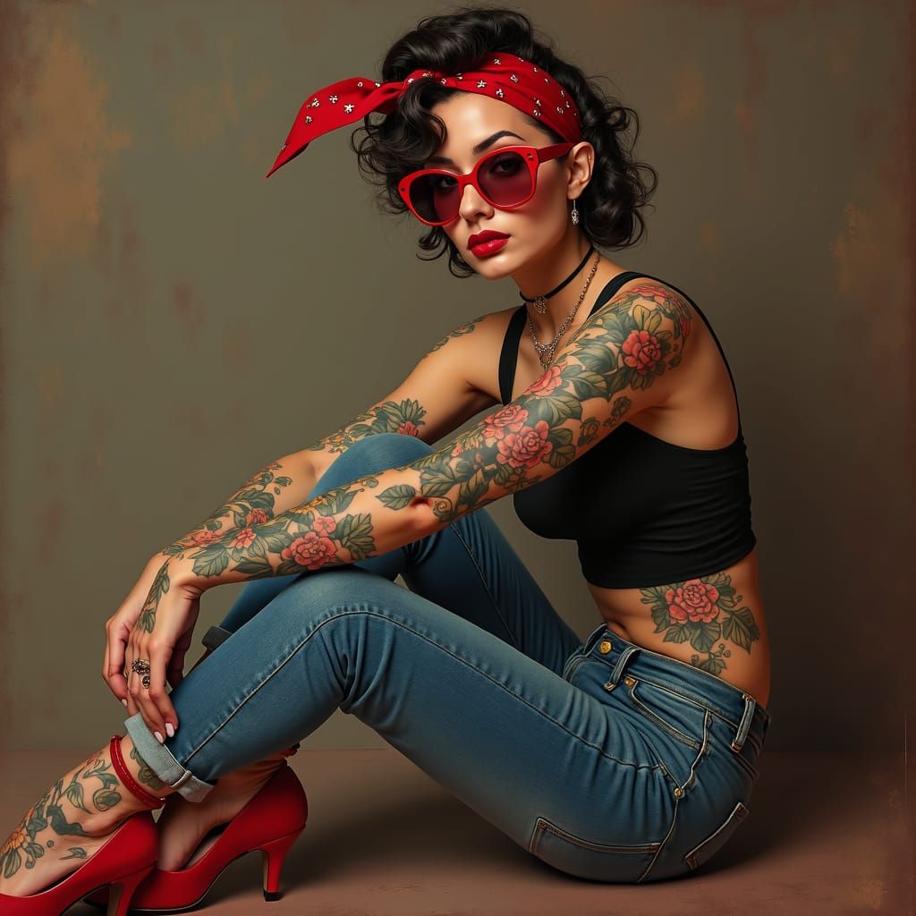 Rockabilly Girl with Tattoos in Pin-Up Style