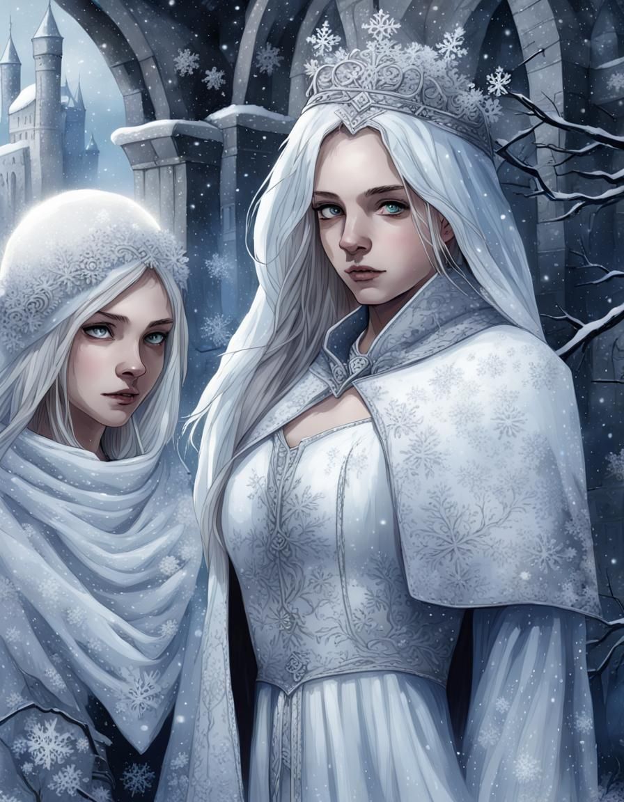 Medieval Princesses in Snowy Dark Fantasy Illustration