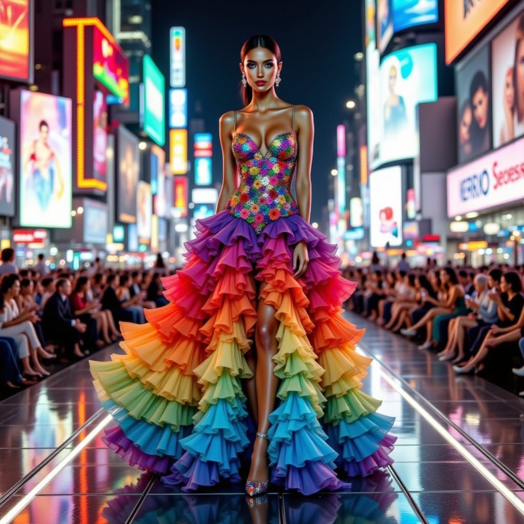 Rainbow Gown on Glass Runway: Neo-Impressionist Style