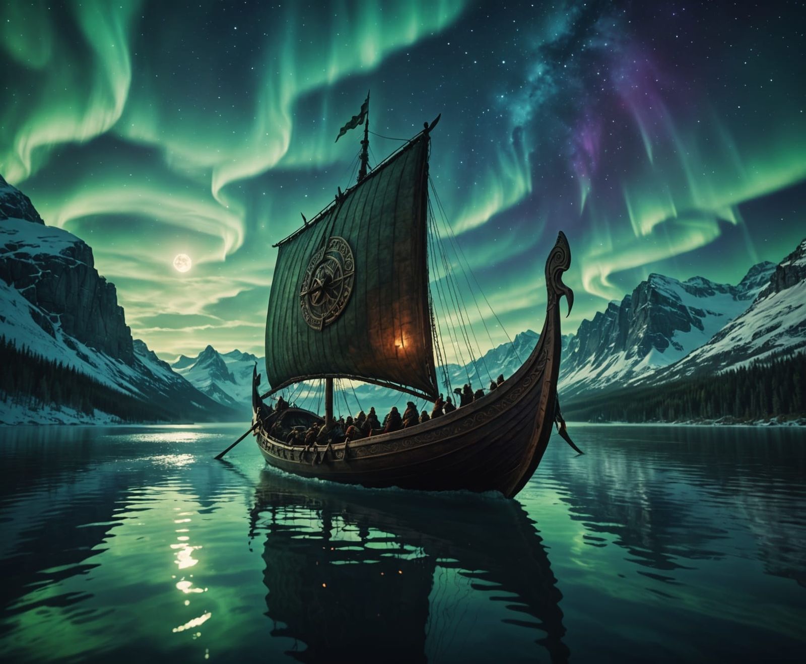 Viking longboat sailing through aurora-lit skies, cosmic Nor...