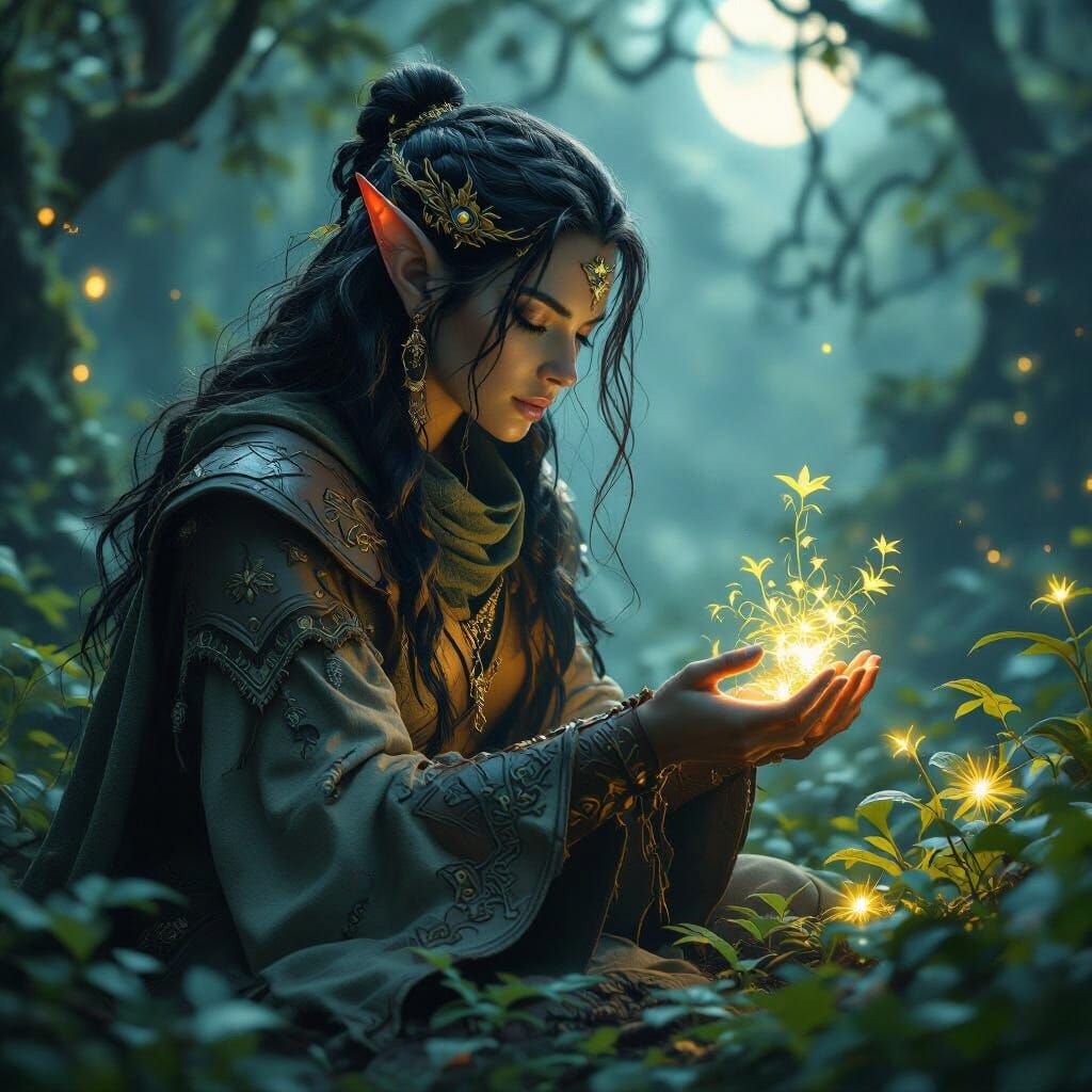 Night Elf Druid in Mystical Glowing Forest