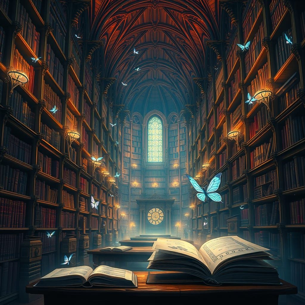 Enchanted Library with Fairies and Glowing Books