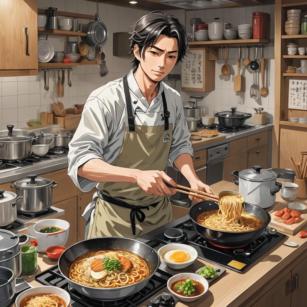 Funny Japanese House Husband Cooking Ramen, Anime Style