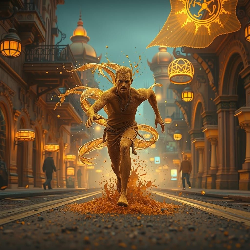 Golden Sand Sprinter in Vibrant, Mystical Cityscape